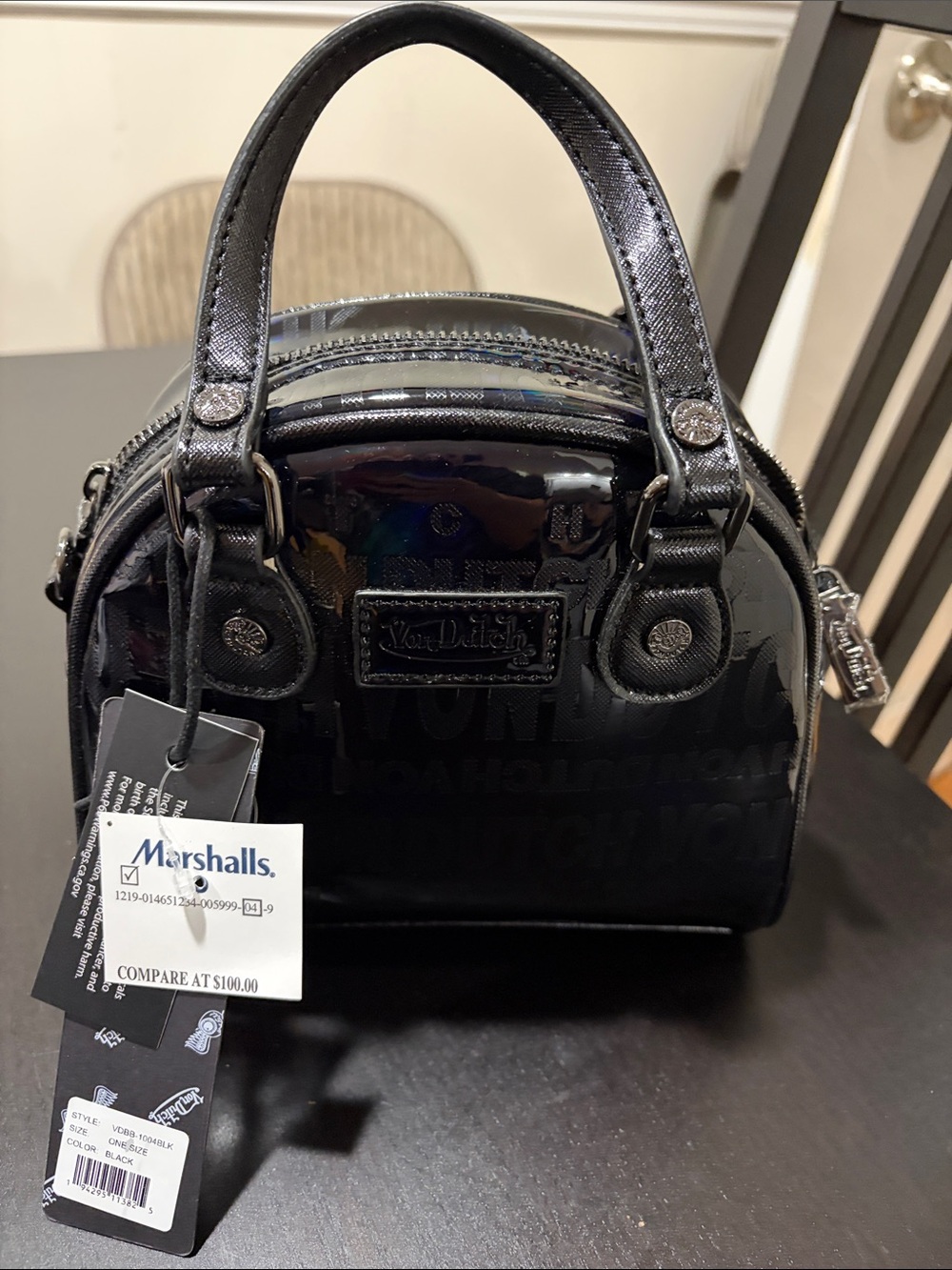 Von Dutch Black Patent Mini Dome Satchel crossbody bag with Shiny Finish BN!